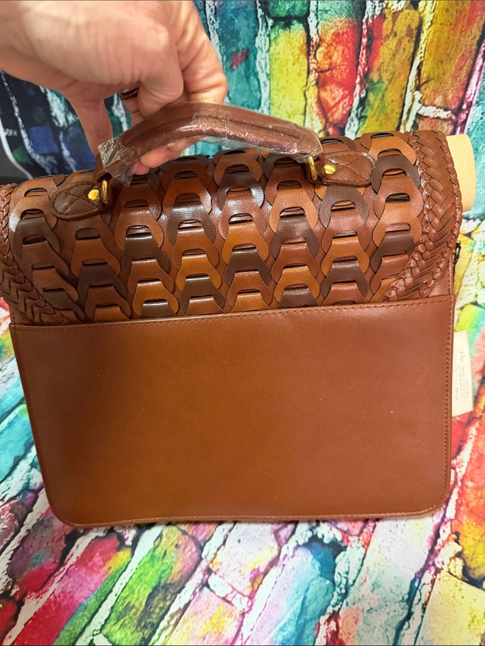 Y&S Handbags Brown Woven Leather Clutch with Gold-Tone Lock - Picture 8 of 9